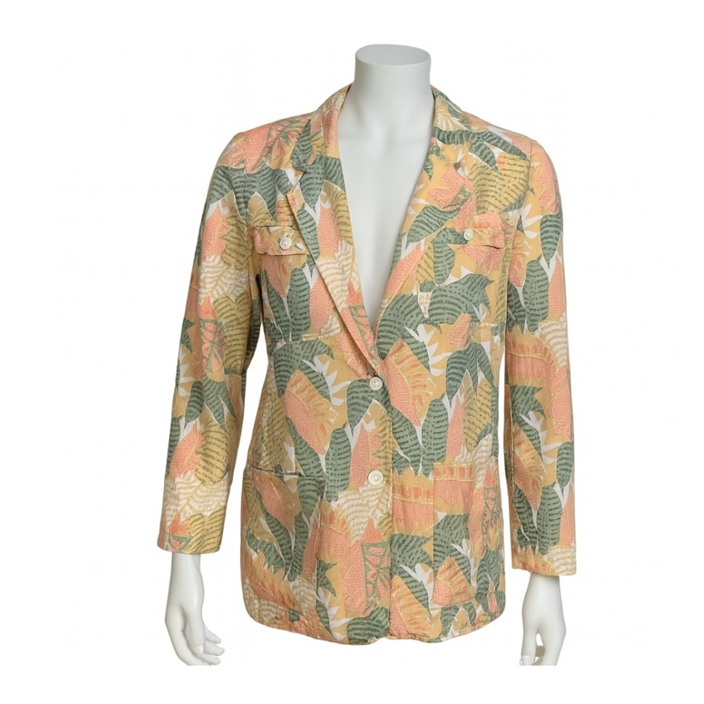SK & Company Blazer Tropical Leaf Print Button Front Career Jacket Silk Size M